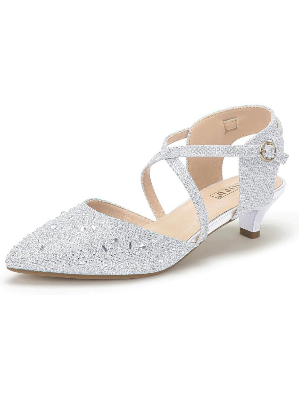 Women's Silver Comfortable Pointed Toe Ankle Strap Kitten Low Heels Pumps Shoes